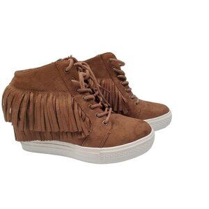 Not Rated Brown Micro Suede Fringe Hidden Wedge Lace Up Bootie Sneakers size 8